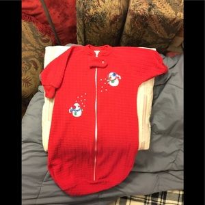 Red Snowman Blanket sleeper. One size. Keep baby safe and snug for sleep.